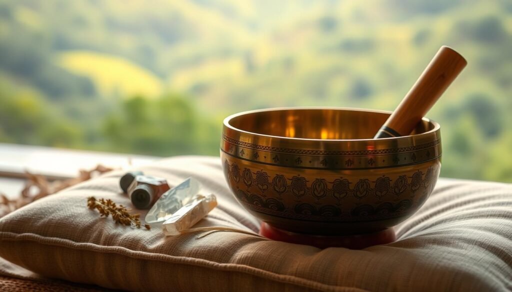 A tranquil Tibetan bowl rests on a soft, earth-toned cushion, surrounded by soothing crystals and herbs. Gentle, warm lighting illuminates the scene, creating a serene and calming atmosphere. The bowl's intricate engravings glimmer, inviting the viewer to imagine the harmonious vibrations it emits during a fertility-supporting sound therapy session. In the background, a lush, verdant landscape hints at the natural, nourishing energies that this practice aims to harness. The overall composition evokes a sense of balance, grounding, and connection to the rhythms of the natural world.