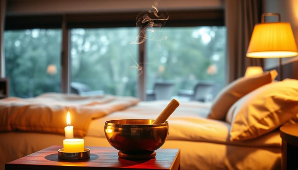 A tranquil bedroom scene, bathed in warm, soft lighting. In the foreground, a Tibetan singing bowl rests on a wooden side table, its metal surface reflecting the glow of a single candle. Delicate wisps of fragrant incense smoke curl upwards, creating an atmosphere of contemplation and serenity. On the bed, plush pillows and a cozy blanket invite the viewer to settle in and experience the calming resonance of the bowl's soothing tones. The background features a large window, allowing natural light to filter in and create a serene, meditative ambiance. The overall scene conveys a sense of restorative energy, inviting the viewer to imagine the transformative effects of Tibetan singing bowl healing in the comfort of their own home.