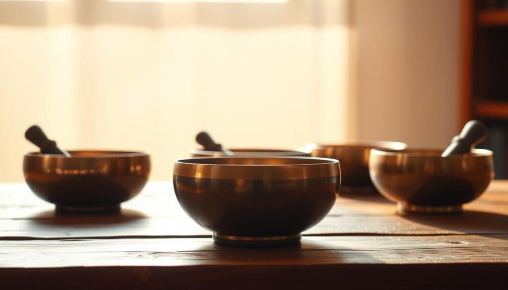 A tranquil, minimalist scene of antique Tibetan singing bowls gently resting on a wooden table, bathed in warm, natural lighting. The bowls, in varying sizes and shades of bronze, are arranged harmoniously, their polished surfaces reflecting the soft illumination. The background is hazy, evoking a sense of serenity and timelessness, drawing the viewer's focus to the captivating bowls. The angle is slightly elevated, allowing the viewer to appreciate the bowls' intricate details and the serene atmosphere they emanate, symbolizing the rich history and origins of these powerful tools for energy clearing and meditation.