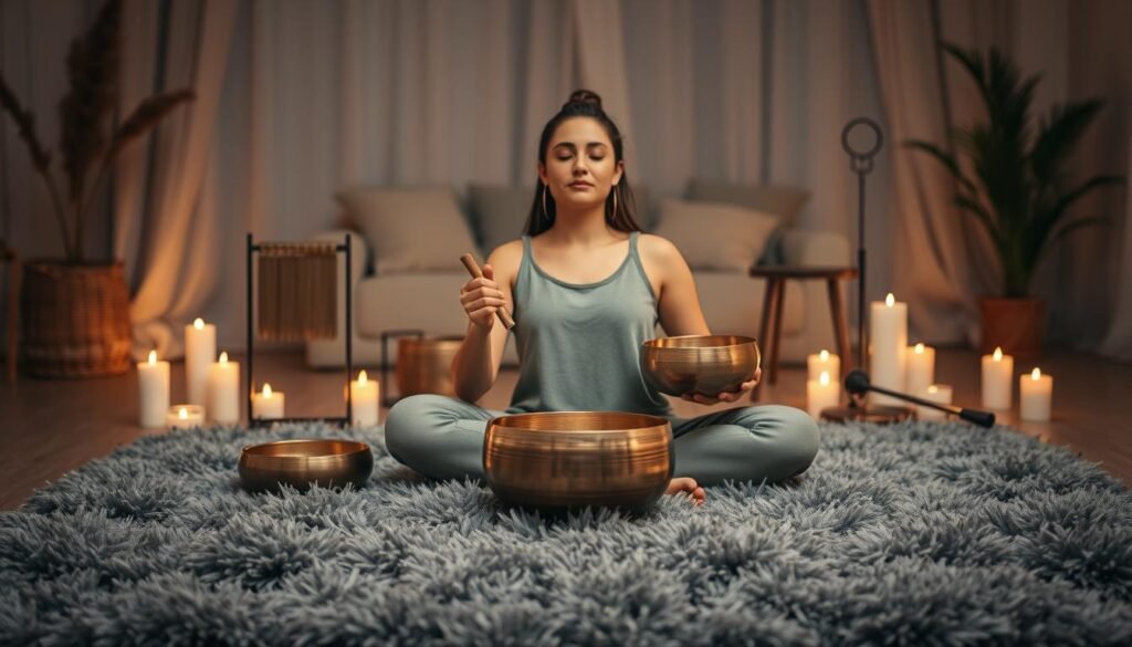 A tranquil scene of sound therapy techniques for restful sleep. In the foreground, a person sits cross-legged on a plush, calming gray rug, holding a set of bronze singing bowls. Their eyes are closed, face serene, as they strike the bowls with a mallet, producing a soothing, resonant hum. In the middle ground, an arrangement of other sound therapy tools - chimes, gongs, and tuning forks - are placed around the person, radiating a sense of harmony and balance. The background depicts a dimly lit, cozy room with warm, muted lighting, creating an atmosphere of relaxation and introspection. Soft, ambient textures and muted tones throughout the scene evoke a calming, meditative state.