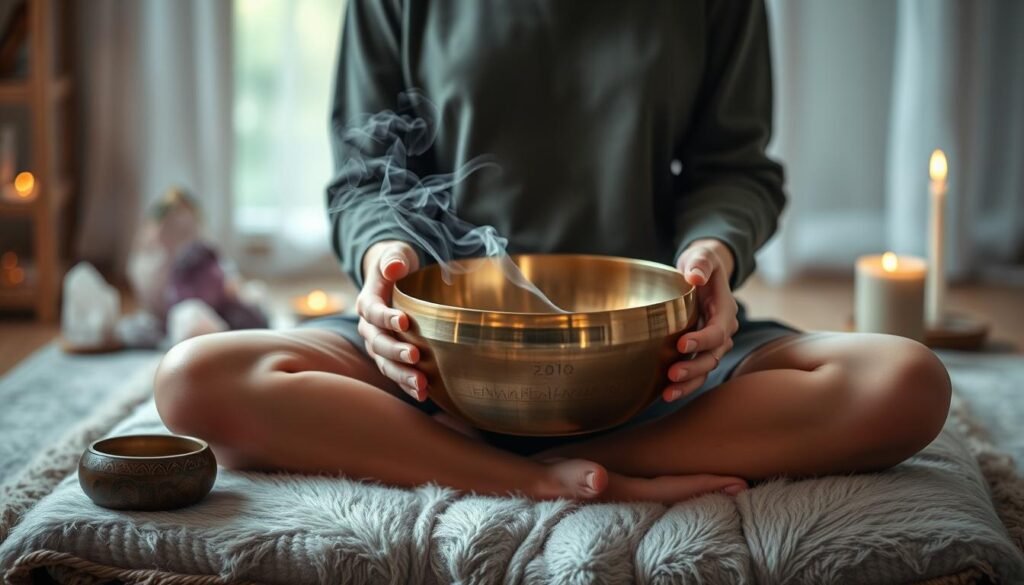 A tranquil sound bath scene featuring a person sitting cross-legged on a plush cushion, holding a gleaming metal singing bowl. Soft, diffused lighting bathes the serene setting, with muted tones of sage, lavender, and soft whites. Wispy tendrils of smoke drift from the bowl, creating an ethereal, meditative atmosphere. In the background, a blurred array of quartz crystals, incense, and other healing objects are visible, hinting at the restorative nature of this vibrational therapy. The composition is balanced and calming, inviting the viewer to experience the soothing power of sound healing.