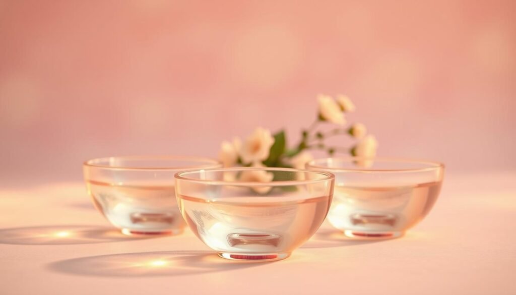 Delicate crystal singing bowls arranged on a soft, pastel pink background. The bowls are bathed in warm, golden lighting, casting a serene and calming atmosphere. In the foreground, the bowls are positioned in a harmonious, symmetrical pattern, their polished surfaces reflecting the light and creating a mesmerizing effect. The middle ground features a subtle, out-of-focus floral arrangement, adding a touch of natural beauty. The background is hazy and dreamlike, with a sense of tranquility and introspection. The overall composition evokes a sense of feminine energy, wellness, and the potential for healing and fertility.