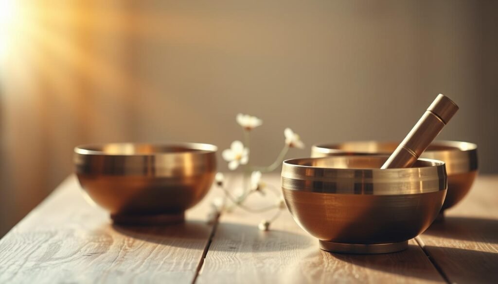 a serene scene of several singing bowls arranged on a wooden table, illuminated by soft, natural lighting, capturing a tranquil and calming atmosphere. In the foreground, the singing bowls are positioned in a thoughtful, intentional manner, their metallic surfaces reflecting the light and creating a mesmerizing visual. The middle ground features a few delicate, blooming flowers, adding a touch of organic beauty to the scene. The background is blurred, with a soothing, earthy color palette, allowing the singing bowls to be the focal point. The overall composition conveys a sense of harmony, balance, and the potential for healing and fertility.