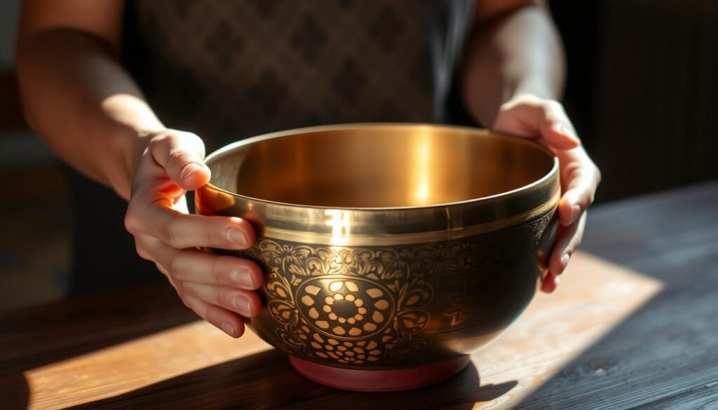 A close-up view of a person's hands gently holding and positioning a bronze singing bowl on a wooden surface. The bowl is lit from the side, casting intricate shadows that highlight its intricate details and textures. The background is blurred, placing the focus entirely on the precise placement and handling of the singing bowl. The scene conveys a sense of mindfulness, tranquility, and the careful attention required to use this meditation tool effectively.