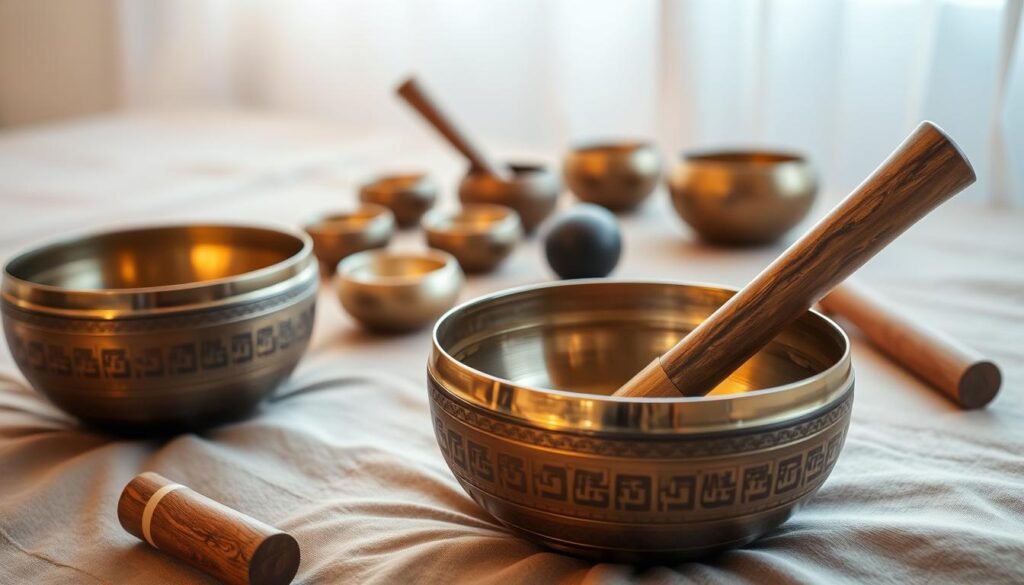 A close-up view of a set of authentic Tibetan singing bowls resting on a soft, calming surface. The bowls are intricately engraved with traditional Buddhist motifs, their bronze surfaces gleaming under warm, diffused lighting. In the foreground, one bowl is gently struck with a wooden mallet, creating a soothing, resonant tone that fills the tranquil scene. The middle ground features an assortment of smaller bowls and meditation accessories, while the background is blurred, allowing the focus to remain on the mesmerizing sound-producing objects. The overall atmosphere conveys a sense of serenity and mindfulness, inviting the viewer to engage in a moment of Tibetan singing bowl therapy.