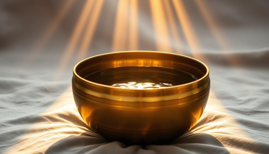 A close-up view of a singing bowl sitting on a soft, gray cloth surface. The bowl is made of shiny, bronze-colored metal and is filled with water, creating a tranquil, rippling surface. Beams of warm, golden light shine down from above, illuminating the bowl and casting gentle shadows. The scene has a serene, meditative atmosphere, evoking the healing properties of the root chakra. The lighting and composition draw the viewer's focus to the singing bowl, highlighting its role in the techniques for using these instruments for chakra balancing.