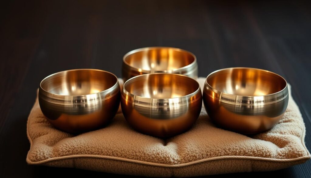 A close-up view of three Tibetan singing bowls arranged on a dark, natural wooden surface. The bowls are crafted from a lustrous copper alloy, their surfaces reflecting the soft, warm light that illuminates them from above. The bowls sit atop a plush, earthy-toned meditation cushion, creating a serene, zen-like atmosphere. The camera angle is slightly elevated, allowing the viewer to appreciate the intricate textures and gentle curves of the bowls. The overall mood is one of tranquility and relaxation, inviting the viewer to imagine the soothing, resonant tones of the bowls and their calming effects on the mind and body.