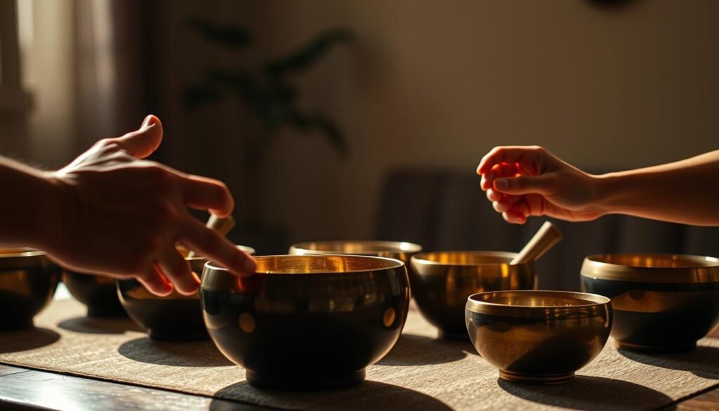 A dimly lit room, a table adorned with several singing bowls of various sizes and materials. In the foreground, a hand reaches out, accidentally striking the bowl too forcefully, causing it to wobble and emit an unharmonious tone. In the middle ground, another hand gently caresses the rim of a bowl, struggling to find the right angle and pressure to produce the desired meditative chime. The background is hazy, with soft shadows and a sense of tranquility, juxtaposing the clumsy handling of the instruments. Subtle lighting casts warm, natural shadows, emphasizing the tactile nature of the scene. An atmosphere of mindfulness and relaxation is disrupted by the missteps, serving as a cautionary tale for the effective use of singing bowls.