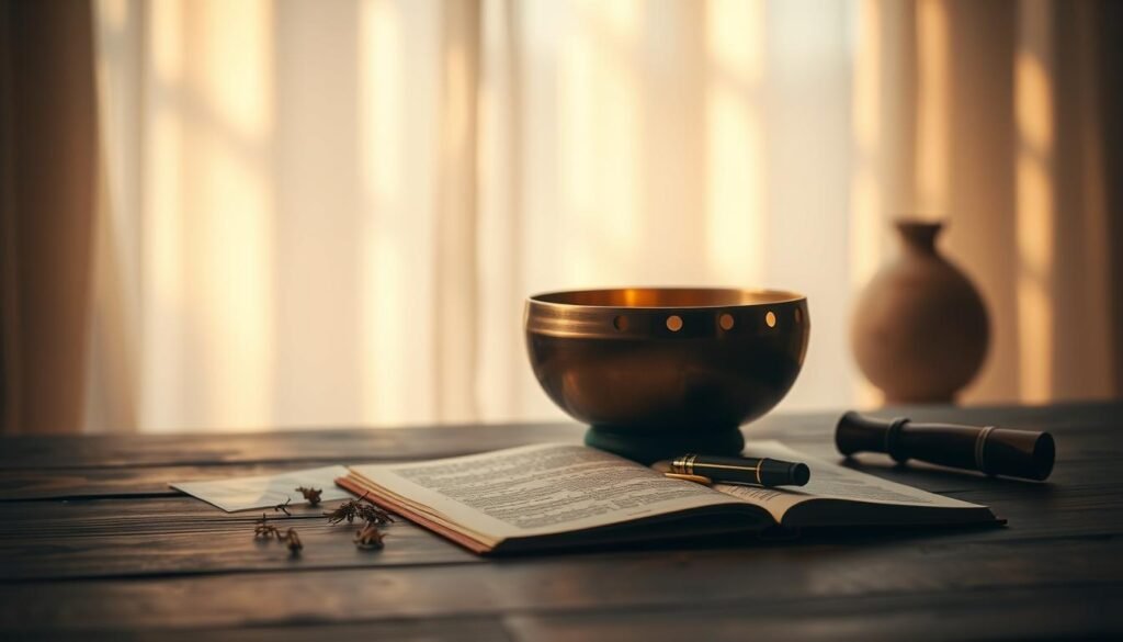 A dimly lit room with a wooden table, on which a singing bowl sits at the center, emitting a soft, golden glow. The bowl is surrounded by scattered pages of a journal, a pen, and a few dried herbs. The background is hazy, with a sense of tranquility and introspection. Warm, diffused lighting casts gentle shadows, creating an atmosphere of quiet contemplation. The scene conveys the benefits of using singing bowls to enhance intuition and self-reflection, as the journaling process is facilitated by the calming resonance of the bowl.
