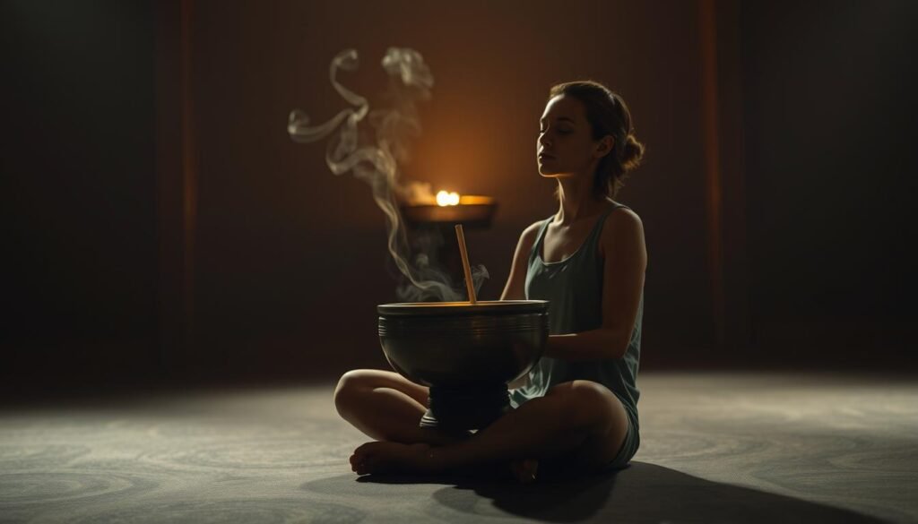 A dimly lit sanctuary, illuminated by the soft glow of a single singing bowl. The bowl sits atop a wooden pedestal, its polished surface reflecting the warm light. Surrounding the bowl, delicate wisps of incense drift through the air, creating an atmosphere of tranquility and focus. In the foreground, a person sits cross-legged, their eyes closed in deep meditation, their hands gently resting on their lap. The scene is captured with a shallow depth of field, emphasizing the intense concentration of the meditator and the mesmerizing vibration of the singing bowl. The overall mood is one of introspection, relaxation, and a profound connection to the present moment.