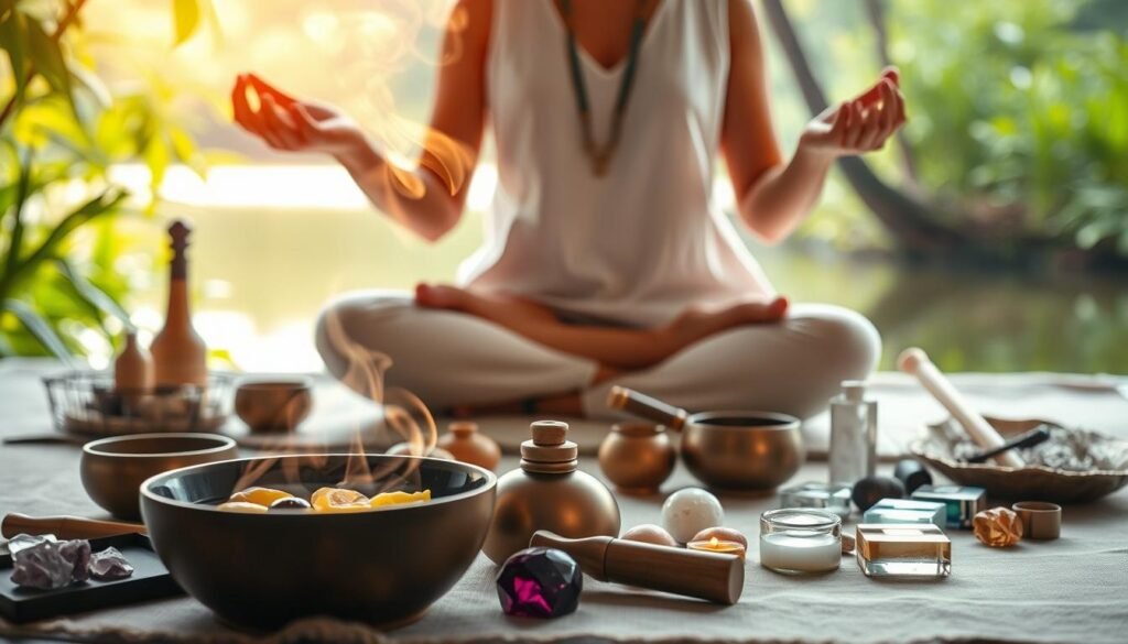 A peaceful and serene scene of energy healing with aromatherapy. In the foreground, a person sits cross-legged, palms facing upwards, as they receive a soothing energy healing session. Wisps of fragrant steam rise from a bowl of essential oils, filling the air with a calming aroma. The middle ground features a variety of healing crystals, singing bowls, and other holistic wellness tools, arranged in a harmonious layout. In the background, a softly lit, natural setting with lush greenery and a tranquil body of water creates a serene atmosphere, inviting a sense of balance and restoration.