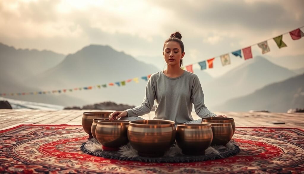 A peaceful meditation scene with a person sitting cross-legged on a plush, ornate rug, surrounded by a collection of Tibetan singing bowls. The bowls are placed in a symmetrical arrangement, glinting softly in the warm, diffused lighting. The meditator's eyes are closed, their expression serene, as they focus on the soothing tones resonating from the bowls. In the background, a muted, ethereal landscape of snow-capped mountains and prayer flags fluttering gently in the breeze, creating a sense of tranquility and spiritual connection.