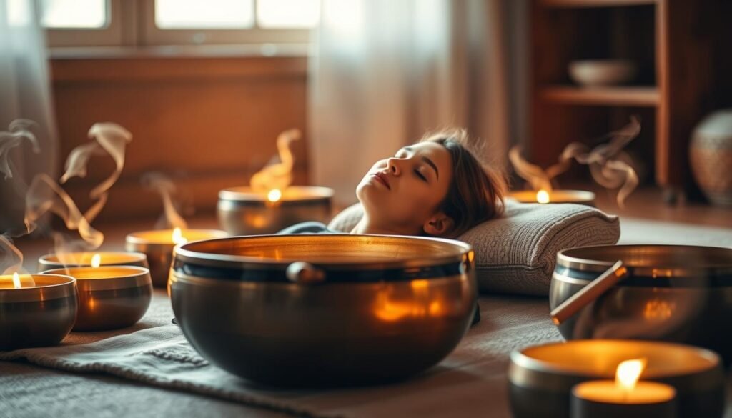 A peaceful scene of a person relaxing on a comfortable cushion, surrounded by Tibetan singing bowls emitting a soft, resonant glow. The room is bathed in warm, diffused lighting, creating a calming, meditative atmosphere. Wisps of incense drift through the air, adding to the soothing sensory experience. The person's eyes are closed, their expression serene, as they immerse themselves in the restorative vibrations of the singing bowls. The overall composition evokes a sense of tranquility and rejuvenation, perfectly capturing the essence of combining Tibetan singing bowl therapy with other stress-relief techniques.