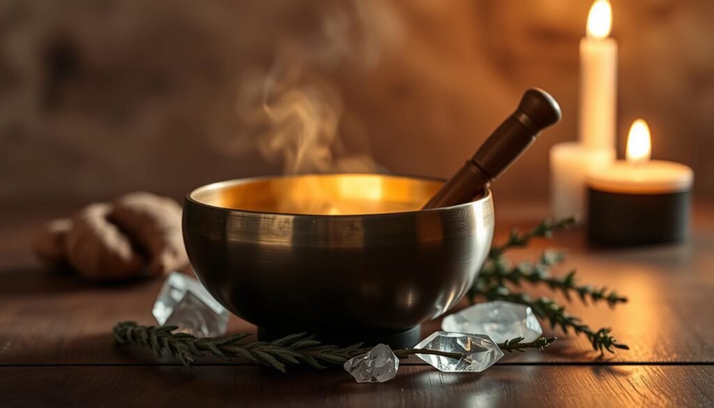 A peaceful, serene scene of a singing bowl emitting gentle, healing vibrations. The bowl is placed on a wooden surface, surrounded by a soft, warm glow of candlelight. Crystalline quartz points and sage sprigs are arranged around the bowl, enhancing the spiritual energy. The background is blurred, with a subtle gradient of earthy tones, creating a sense of tranquility and focus. The lighting is soft and diffused, evoking a calming, meditative atmosphere. The camera angle is slightly elevated, capturing the bowl and its accoutrements from an eye-level perspective, inviting the viewer to engage in the practice of breath-work and mindfulness.