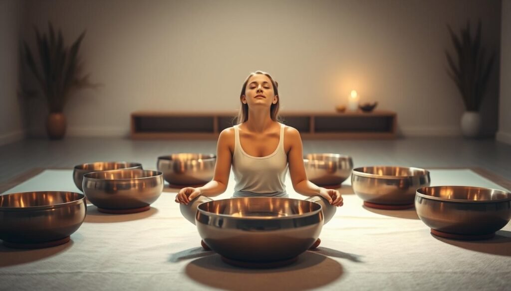 A peaceful, serene sound bath healing session unfolds. In the foreground, a person sits cross-legged, eyes closed, basking in the soothing vibrations of several singing bowls surrounding them. Soft, warm lighting casts a tranquil glow, creating an atmosphere of deep relaxation. In the middle ground, additional singing bowls are arranged, their metal surfaces reflecting the light. The background features a calming, minimalist scene, perhaps a tranquil indoor space or a natural setting with gentle natural elements. The overall mood is one of restorative calm, inviting the viewer to experience the therapeutic power of sound bath healing and its potential to revive from burnout.