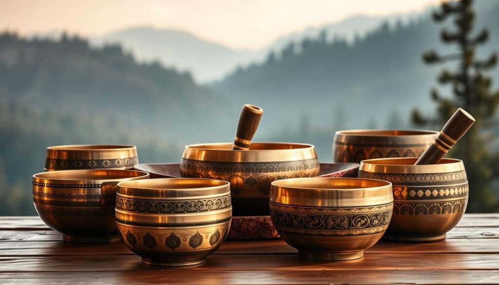 A selection of Tibetan singing bowls arranged in a harmonious display. The bowls are crafted from bronze, copper, and other alloys, their surfaces polished to a warm, gleaming finish. The bowls are positioned on a wooden table, illuminated by soft, natural lighting that casts gentle shadows and highlights the intricate patterns and textures of the metal. In the background, a serene, muted landscape of mountains and forests provides a calming, meditative atmosphere. The overall composition conveys a sense of tranquility, inviting the viewer to explore the soothing, resonant tones of these ancient, mystical instruments.