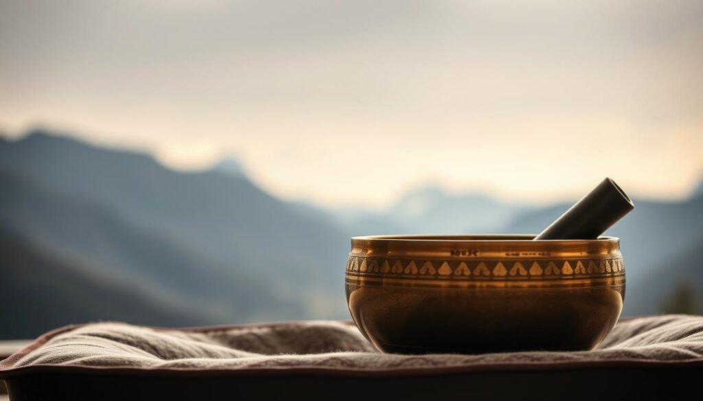 A serene Tibetan singing bowl rests on a cushion, its bronze surface glistening in soft, diffused lighting. In the background, a muted, natural landscape unfolds, hinting at the tranquility of a remote mountain retreat. The bowl's soothing vibrations emanate, filling the space with a calming energy that invites the viewer to close their eyes and become lost in the moment, allowing the harmonious tones to balance and align their chakras.
