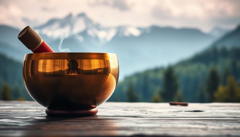 A serene Tibetan singing bowl rests on a dark wooden surface, its gleaming bronze body reflecting the soft, diffused lighting from above. Incense wisps curl lazily, adding an aroma of tranquility to the scene. In the background, a blurred landscape of snow-capped mountains and lush, verdant forests evokes the majestic Himalayan setting. The bowl's resonant tone fills the air, guiding the viewer into a state of deep, meditative focus, as if on a journey of inner exploration and spiritual renewal.