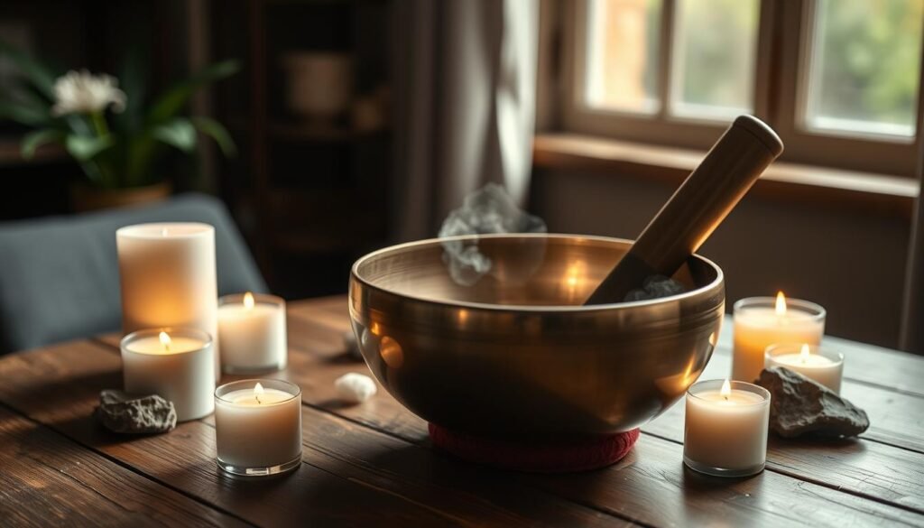 A serene Tibetan singing bowl rests on a wooden table, surrounded by soothing candles and crystals. The bowl emits a mesmerizing vibration, creating a calming aura that fills the dimly lit room. Soft natural light filters through a window, casting a warm glow on the scene. The arrangement evokes a sense of tranquility and introspection, inviting the viewer to experience the restorative benefits of this ancient therapeutic practice. The overall composition conveys the grounding and meditative qualities of Tibetan singing bowl therapy.