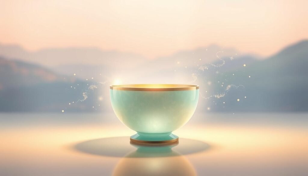 A serene and calming scene of a crystal singing bowl emitting ethereal vibrations. The bowl is positioned centrally, casting a soft, glowing aura that radiates outwards, enveloping the surroundings. The background features a tranquil, minimalist landscape with soft gradients of soothing colors, such as pastel blues, greens, and purples, creating a sense of balance and harmony. Delicate particles and wisps of energy swirl and dance around the bowl, amplifying the feeling of elevated vibration and spiritual awakening. The lighting is warm and diffused, casting a meditative, contemplative atmosphere. The overall composition evokes a sense of inner peace, rejuvenation, and a heightened state of consciousness.