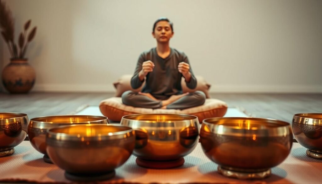 A serene and meditative scene of a root chakra sound therapy session with singing bowls. In the foreground, several ornate Tibetan singing bowls are arranged, their bronze surfaces reflecting the warm, soft lighting. The middle ground features a person sitting cross-legged on a plush, earth-toned meditation cushion, their eyes closed in deep concentration as they play the bowls, creating a soothing, resonant hum. The background depicts a tranquil, minimalist space with earthy tones and natural textures, conveying a sense of grounding and connection to the root chakra. The overall atmosphere is one of tranquility, healing, and spiritual introspection.