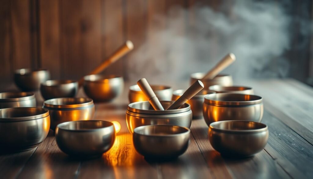 A serene and tranquil scene of Tibetan singing bowls arranged on a wooden surface, bathed in warm, soft lighting. In the foreground, several bowls of varying sizes and colors are placed carefully, their surfaces reflecting the gentle illumination. The middle ground features additional bowls, some being gently struck with a mallet, creating a soothing, resonant tone that fills the air. In the background, a calming, mist-like atmosphere surrounds the bowls, adding to the meditative ambiance. The overall composition conveys a sense of harmony, balance, and the healing power of sound therapy.