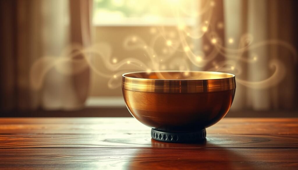 A serene and tranquil scene of a singing bowl emitting gentle, healing vibrations. The bowl sits atop a wooden table, its polished bronze surface reflecting the soft, warm lighting that bathes the space. Wisps of ethereal energy radiate outward, creating a mesmerizing display of ethereal tendrils that seem to dance and pulsate in a hypnotic rhythm. The background is blurred, allowing the viewer to focus solely on the captivating presence of the singing bowl and its mesmerizing energetic field. The atmosphere is one of deep relaxation and spiritual resonance, inviting the viewer to surrender to the restorative power of the moment.