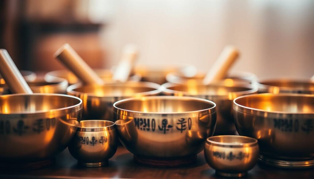 A serene arrangement of assorted singing bowls, their metallic bodies gleaming under soft, warm lighting. The bowls are positioned on a wooden surface, their varying sizes and tones suggesting a harmonious ensemble. The background is blurred, allowing the bowls to take center stage, inviting the viewer to focus on their soothing, meditative presence. The scene exudes a sense of tranquility and invites the viewer to imagine the calming reverberations of these ancient instruments, guiding them towards a deeper spiritual connection.