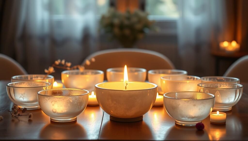 A serene arrangement of crystal quartz singing bowls in soft, diffused lighting, positioned on a wooden table adorned with delicate flowers and flickering candles. The bowls are placed in a circular formation, their surfaces catching the warm glow and reflecting it inward, creating a mesmerizing, meditative atmosphere. The scene is captured from a slightly elevated angle, inviting the viewer to enter this sacred space and experience the soothing vibrations of the bowls, designed to activate the third eye chakra and facilitate deep introspection.