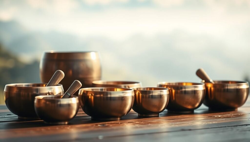 A serene arrangement of diverse singing bowls resting on a wooden surface, their metallic forms glistening under soft, natural lighting. The bowls, ranging from small to large, emit a sense of tranquility and invite the viewer to engage in a deep, meditative experience. In the background, a blurred, ethereal landscape evokes a calming, spiritual atmosphere, guiding the observer towards a state of inner harmony and connection. The overall composition conveys a sense of balance, simplicity, and the power of these ancient sound healing tools to facilitate profound introspection and personal growth.