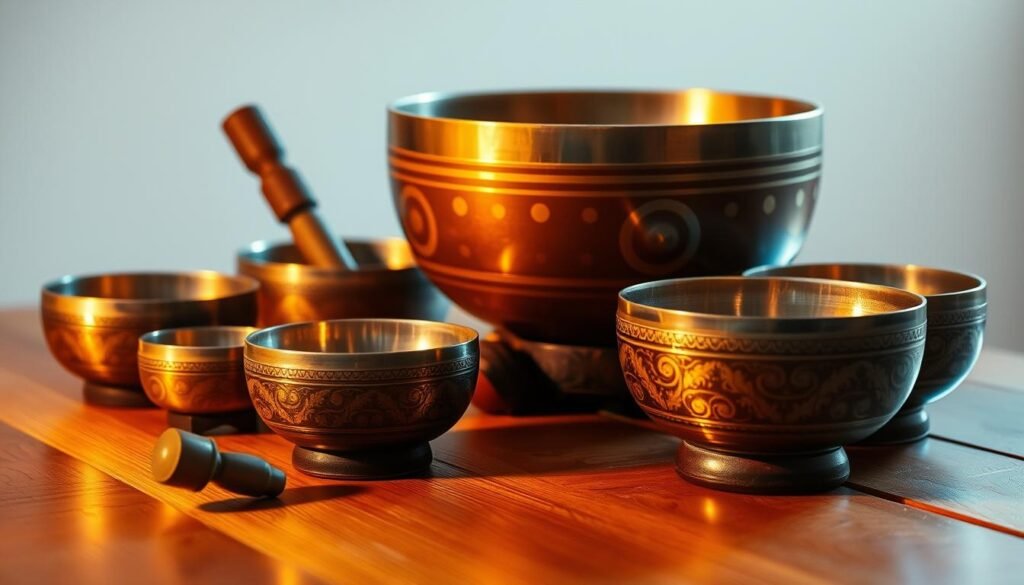 A serene arrangement of several Tibetan singing bowls placed on a wooden surface, gently illuminated by warm, soft lighting from the side. The bowls are of varying sizes, from small to large, and display intricate patterns and textures on their surfaces, reflecting the rich cultural heritage of their origin. The bowls are arranged in a harmonious, meditative composition, evoking a sense of tranquility and healing. The background is softly blurred, allowing the bowls to be the focal point, drawing the viewer's attention to their mesmerizing presence and the soothing vibrations they produce.