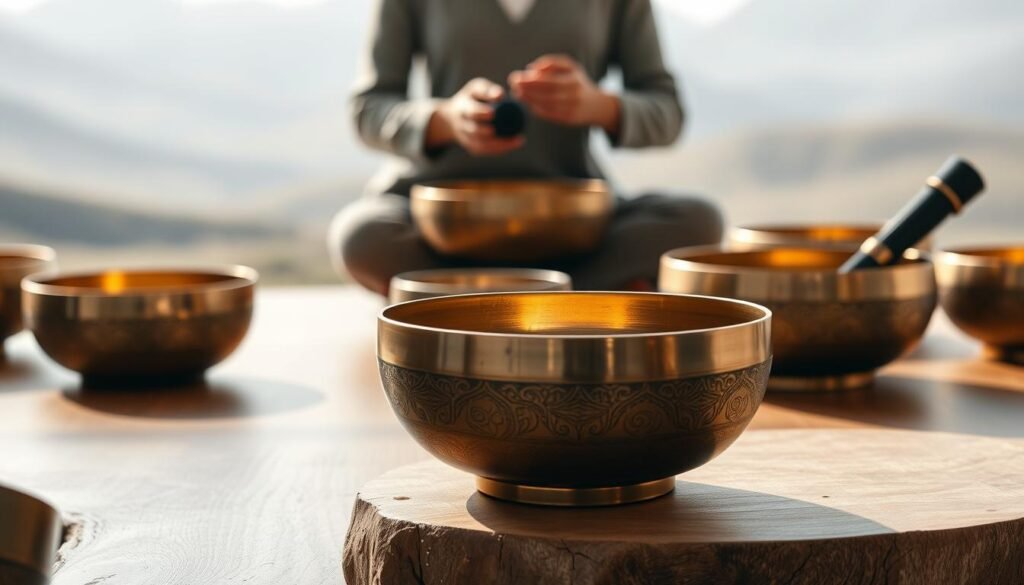A serene arrangement of various singing bowls in a meditative setting. In the foreground, several intricately-crafted bronze and crystal singing bowls sit atop a natural wooden surface, their rims gently reflecting the warm, diffused lighting. In the middle ground, a single bowl is being played, its soothing vibrations filling the air. The background features a minimalist, calming landscape with soft, natural tones, hinting at the bowls' connection to the earth and the intuitive realm. The overall composition exudes a sense of tranquility and inner focus, inviting the viewer to engage with the healing power of these ancient instruments.