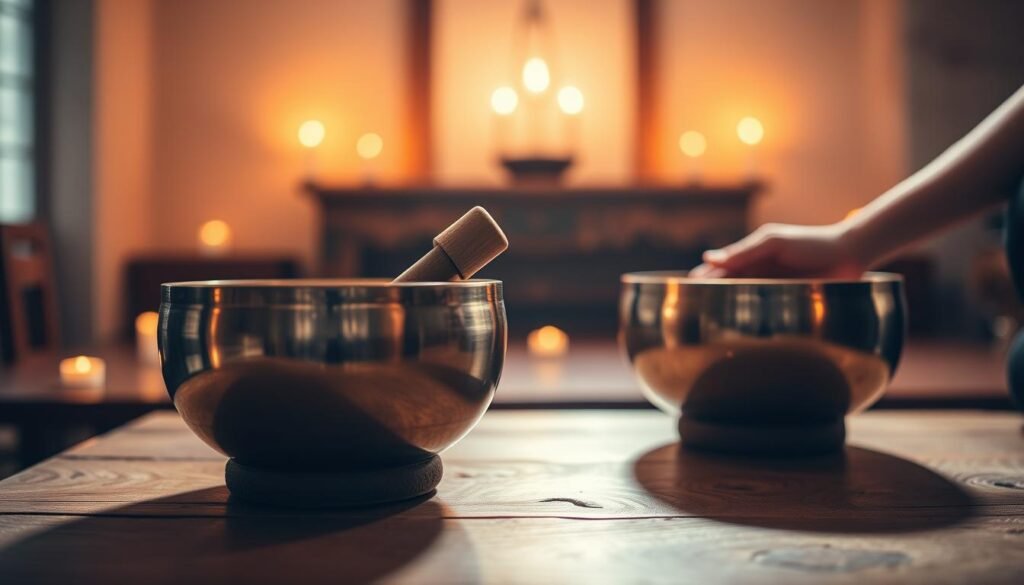 A serene chamber filled with a meditative glow, a pair of singing bowls resting on a wooden table, their metallic surfaces reflecting the warm candlelight. The air is permeated with the soothing vibrations, each strike of the mallet unleashing a cascading wave of healing tones. In the foreground, a person's hands gently guide the bowl, their movements precise and intentional, as if coaxing forth the ancient melodies. The background is blurred, allowing the focus to remain on the ritual, creating an atmosphere of tranquility and introspection, a perfect illustration of the science behind sound healing.