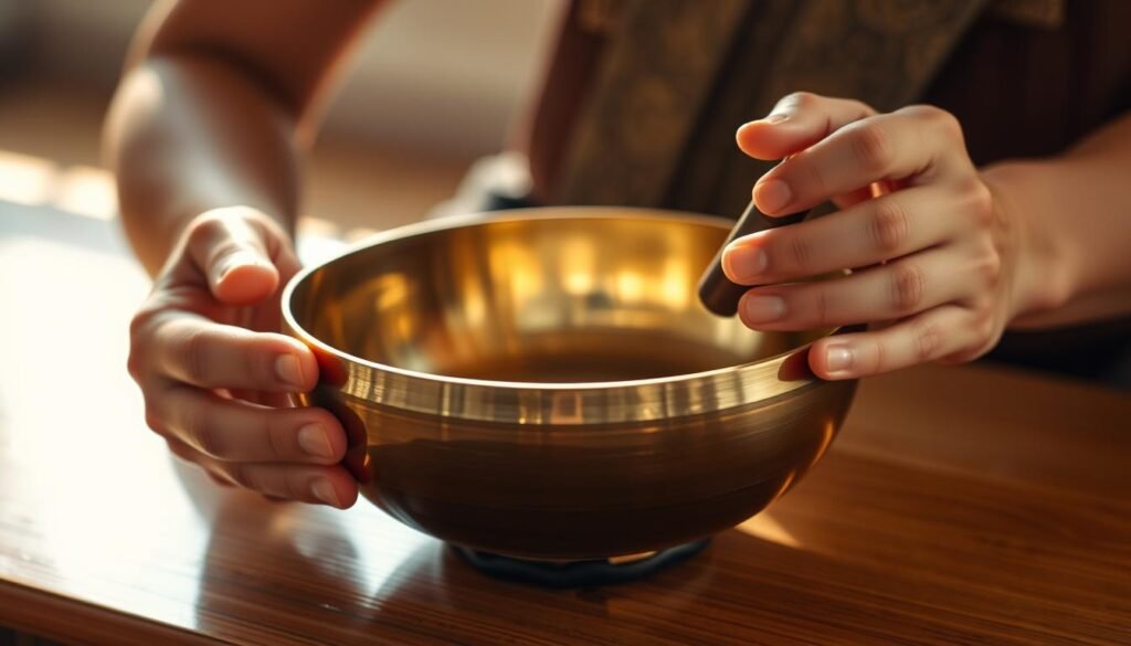 A serene close-up shot of a person's hands delicately manipulating a traditional Tibetan singing bowl, capturing the intricate playing techniques. The bowl rests on a smooth, wooden surface, its polished bronze gleaming in warm, natural lighting. The player's fingers dance lightly around the rim, coaxing out a rich, resonant tone that fills the tranquil space. The scene exudes a sense of mindfulness and deep focus, inviting the viewer to experience the meditative power of this ancient practice.