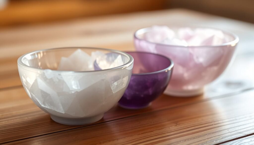 A serene, close-up view of three crystal singing bowls placed on a wooden surface, bathed in warm, soft lighting. The bowls, in shades of clear quartz and amethyst, are arranged in a harmonious composition, their smooth, curved forms glistening. A sense of tranquility and focus pervades the scene, inviting the viewer to experience the soothing vibrations and calming energy of the third eye chakra. The background is blurred, keeping the focus on the captivating crystal bowls and their mesmerizing allure.