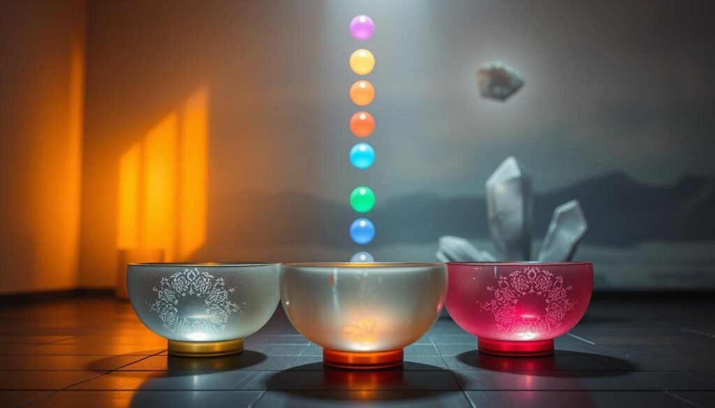 A serene crystal singing bowl arrangement in a tranquil, dimly lit space. In the foreground, a trio of quartz bowls in shimmering hues resonate with a soothing, harmonious tone. Cascading light from above casts a warm, meditative glow, creating an atmosphere of deep introspection. In the middle ground, the chakras along the spine are visually represented by softly glowing orbs of vibrant color, aligning in perfect synchronization. The background features a dreamlike, ethereal landscape with floating crystal formations, evoking a sense of spiritual elevation and a connection to the cosmic energies. Captured with a wide-angle lens, this image conveys the profound role of sound in activating and harmonizing the chakras.