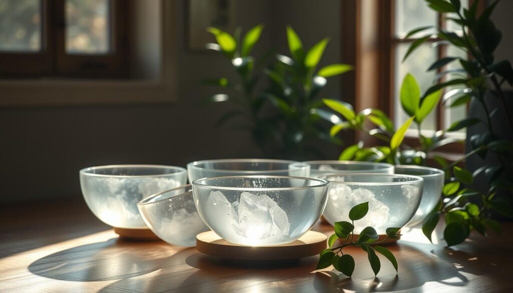 A serene crystal singing bowl ensemble in a dimly lit, meditative space. The bowls, arranged in a semicircle, emit a soft, ethereal glow. Soft natural lighting filters through a window, casting gentle shadows and highlights on the crystal surfaces. The bowls sit atop a wooden platform, surrounded by lush, verdant plants that symbolize the flourishing of the third eye chakra. A sense of tranquility and introspection permeates the scene, inviting the viewer to experience the calming vibrations of the crystal singing bowls and connect with their inner wisdom.