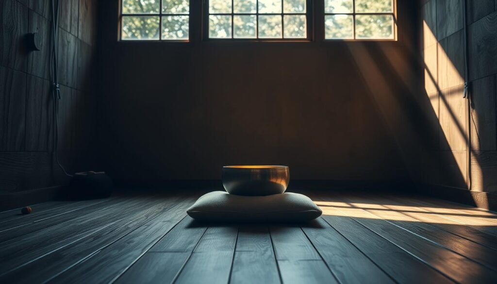 A serene, dimly lit meditation space with a wooden floor and walls adorned with natural textures. In the center, a handcrafted singing bowl rests on a plush cushion, casting a soft, golden glow. Gentle rays of light filter through a large window, illuminating the tranquil atmosphere. The room exudes a sense of calm and mindfulness, inviting the viewer to pause, breathe, and find inner peace.