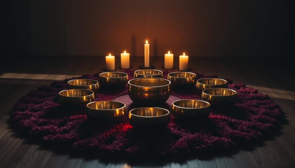 A serene, dimly lit room with a focus on a collection of singing bowls arranged in a mandala-like pattern, their surfaces reflecting the warm glow of candlelight. The bowls are positioned atop a plush, burgundy-colored rug, creating a grounding and meditative atmosphere. Soft shadows dance across the scene, hinting at the subtle vibrations and frequencies emitted by the bowls. The overall composition conveys a sense of harmony, balance, and the soothing power of sound healing for the root chakra.