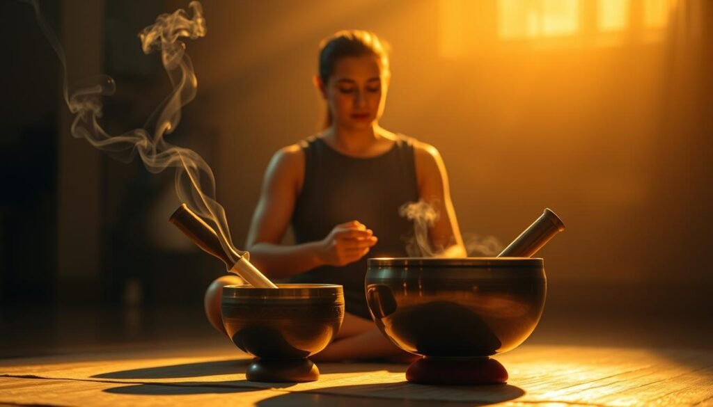 A serene, dimly lit room with a person sitting cross-legged on the floor, deeply focused on playing a singing bowl. Soft, warm lighting casts a golden glow, creating a tranquil, introspective atmosphere. Wisps of incense smoke curl gently in the air, adding to the meditative ambiance. The person's face is in a state of deep concentration, their eyes closed as they listen intently to the soothing, resonant tones of the singing bowl. The bowl itself is prominently featured, its polished surface reflecting the warm lighting. The background is hazy and out of focus, allowing the singing bowl and the person to remain the central focus of the image.