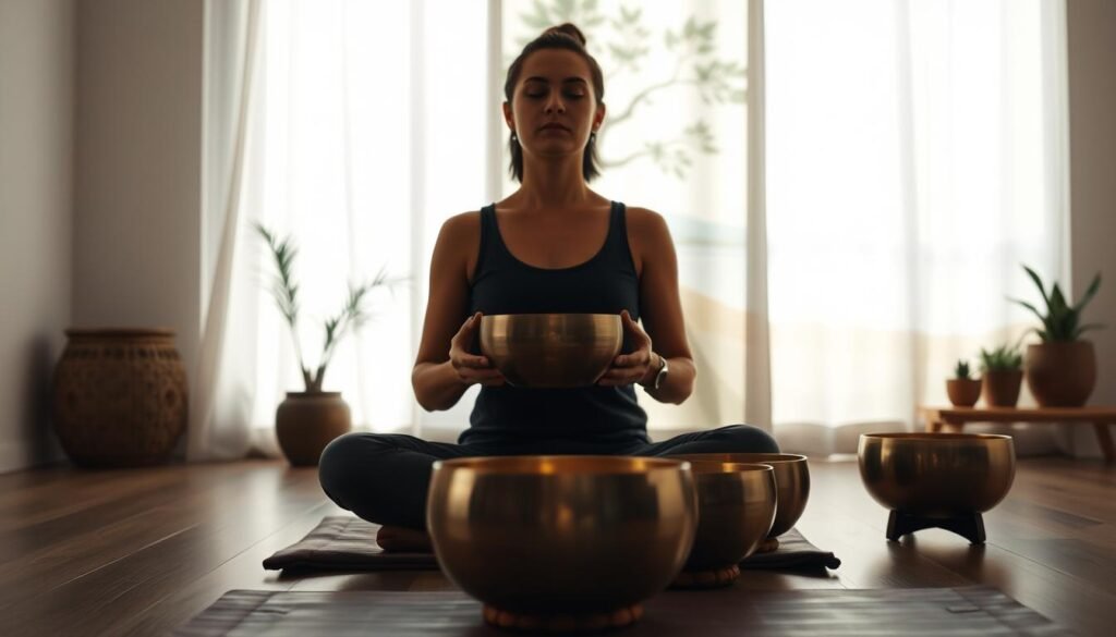 A serene, dimly lit room with soft, diffused lighting. In the foreground, a person sits cross-legged on a meditation cushion, their eyes closed in a state of deep focus. They hold a gleaming singing bowl in their hands, its brass surface catching the gentle light. The middle ground features several additional singing bowls of varying sizes, arranged harmoniously on a wooden table. The background depicts a tranquil, nature-inspired scene, perhaps with a few potted plants or a simple landscape painting, creating a calming, contemplative atmosphere. The overall mood is one of mindfulness, introspection, and the soothing resonance of the singing bowls.