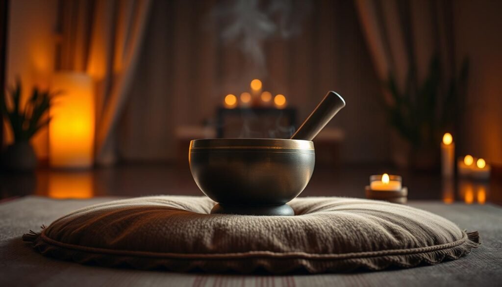 A serene, dimly lit room with warm, soft lighting casting a gentle glow. In the center, a Tibetan singing bowl rests on a plush, earth-toned meditation cushion. Flickering candles and delicate wisps of incense surround the bowl, creating a soothing, meditative atmosphere. The camera angle is slightly elevated, capturing the bowl and the energy radiating from it. The background is blurred, focusing the viewer's attention on the bowl and the calming, harmonious scene.