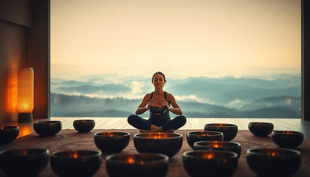 A serene, dimly lit room with warm, soft lighting casting a soothing glow. In the foreground, a person sits cross-legged, holding a singing bowl in their palms, their eyes closed in deep meditation. The middle ground features an arrangement of various sized singing bowls, their surfaces gently vibrating and producing a calming, resonant hum. In the background, a tranquil, mist-shrouded landscape with rolling hills and a distant horizon, evoking a sense of peace and connection to the natural world. The overall atmosphere is one of profound mindfulness, relaxation, and healing through the power of sound.