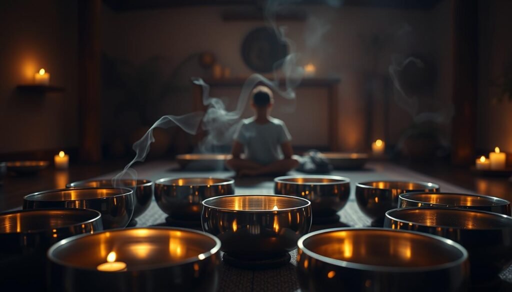 A serene, dimly lit sanctuary where holistic healing unfolds. In the foreground, a collection of gleaming singing bowls arranged in a meditative circle, their metallic surfaces reflecting the soft, flickering candlelight. Wisps of fragrant incense drift through the air, creating an atmosphere of tranquility. In the middle ground, a figure sits cross-legged, gently striking the bowls, their soothing tones resonating throughout the space. The background features a minimalist, earthy decor with natural textures and muted tones, evoking a sense of grounded, holistic wellness. Soft, diffused lighting casts a warm, therapeutic glow, inviting the viewer to immerse themselves in the restorative power of sound-based healing.