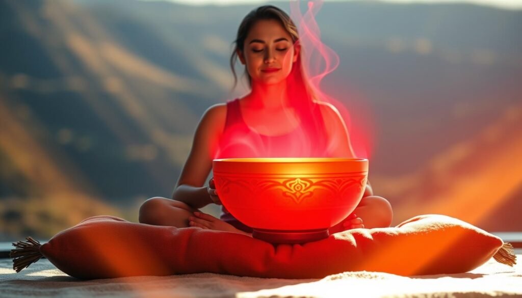 A serene, dimly lit scene of a person sitting cross-legged on a plush, earth-toned cushion, their hands resting gently on their lap. The background features a softly blurred, warm-toned landscape, with a glowing, crimson-hued singing bowl levitating in the foreground, emitting vibrant, pulsing energy waves. Gentle rays of amber light filter through, creating a calming, meditative atmosphere. The subject's face is peaceful, their eyes closed, as they become one with the harmonious resonance of the bowl's healing vibrations, balancing their root chakra.