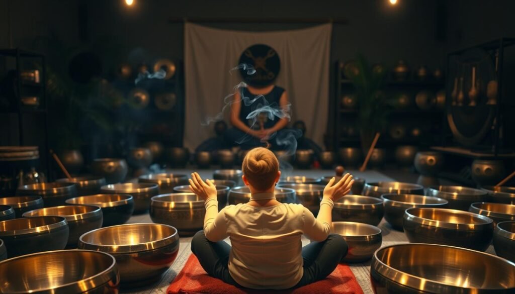 A serene, dimly lit studio filled with a diverse array of singing bowls, gongs, and other sound healing instruments. In the foreground, a person sits cross-legged, their hands delicately striking the rims of the bowls, generating soothing, resonant tones that fill the space. Soft, warm lighting from behind the bowls casts a gentle glow, creating an atmosphere of tranquility and introspection. In the middle ground, wisps of incense drift through the air, adding to the calming ambiance. The background is blurred, hinting at a peaceful, meditative setting, perhaps a tranquil garden or a cozy, private space. The overall scene conveys a sense of therapeutic, immersive sound healing, promoting deep relaxation and healing.