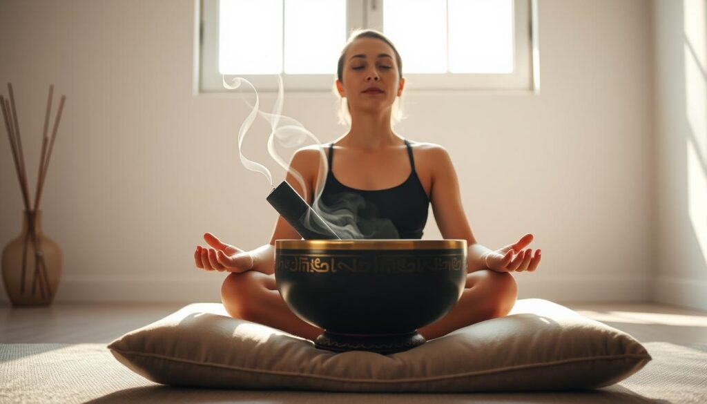 A serene figure sits cross-legged on a plush cushion, eyes closed in deep contemplation. Sunlight filters through a window, casting a warm glow on the ornate singing bowl before them. The bowl's resonant tones fill the air, guiding the meditator into a state of profound relaxation. Delicate incense wisps curl upwards, adding to the tranquil atmosphere. The room is sparsely decorated, allowing the focus to remain on the meditative practice. The composition is balanced, with the singing bowl in the foreground, the meditator in the middle ground, and a minimalist background providing subtle context. The overall mood is one of profound stillness and inner peace.