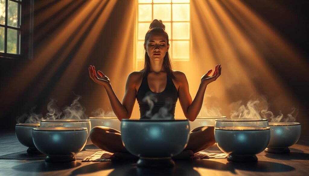 A serene figure sits cross-legged, palms upturned, in a dimly lit, meditative chamber. Crystalline singing bowls encircle them, glowing softly as they resonate with ethereal chimes. Rays of golden light filter through a window, casting a celestial glow upon the scene. The air is thick with the scent of incense, evoking a sense of mysticism and inner reflection. The model's expression is one of deep concentration, their face illuminated by the bowls' gentle vibrations. The background fades into a hazy, dreamlike quality, emphasizing the spiritual, transcendent nature of the experience.