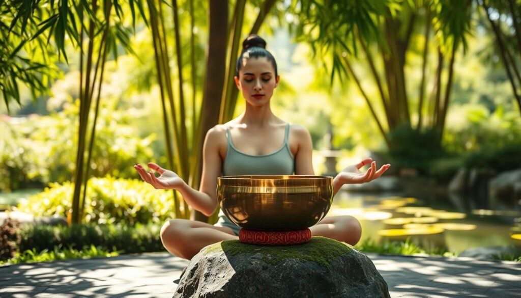 A serene figure sits cross-legged, palms upturned, in a sun-dappled meditation garden. Soft natural light filters through swaying bamboo, casting gentle shadows. The meditator's face is calm, eyes closed, brow relaxed, embodying a sense of inner peace. In the middle ground, a brass singing bowl rests on a moss-covered rock, its resonant tones filling the air. In the distance, a tranquil koi pond reflects the verdant foliage. An atmosphere of mindfulness and spiritual contemplation pervades the scene, inviting the viewer to find stillness amidst the challenges of everyday life.