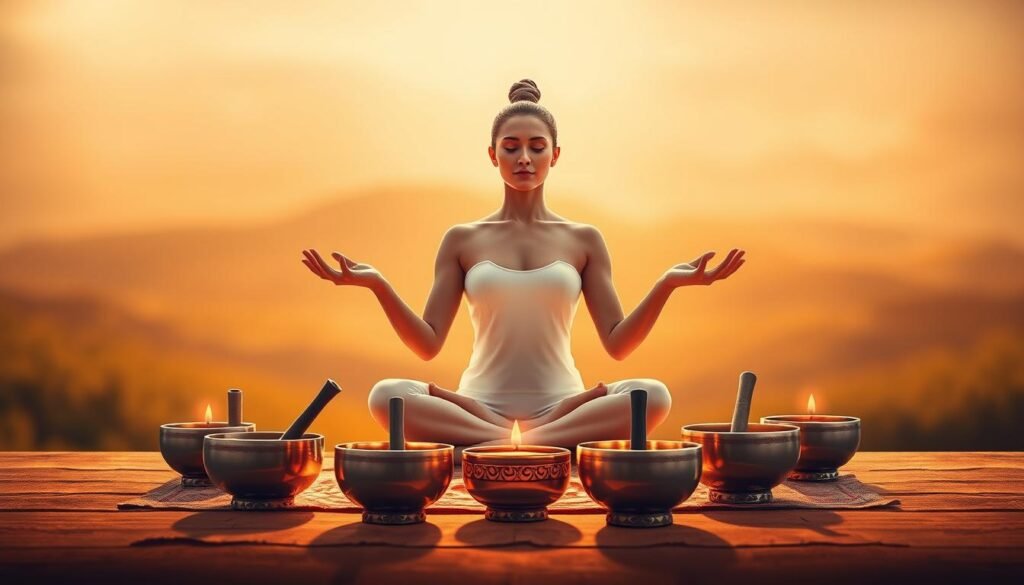 A serene figure sits cross-legged, palms upturned, surrounded by a collection of ornate singing bowls. Warm, golden lighting bathes the scene, casting a peaceful glow. The bowls are positioned along the chakra points of the figure, each emitting a soothing, resonant tone that seems to vibrate the very air. The background is a softly blurred, meditative landscape, inviting the viewer to enter a state of deep contemplation. The overall atmosphere evokes a sense of harmony, balance, and the profound connection between sound, energy, and the human spirit.
